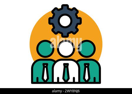 icona di sviluppo. persone con attrezzatura. icona relativa al piano d'azione, business. stile icona linea piatta. illustrazione degli elementi aziendali Illustrazione Vettoriale