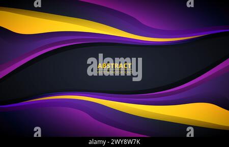 Sfondo astratto scuro con forme d'onda dinamiche di colore giallo e viola. Modello di sfondo del design grafico con curva viola scuro e gialla Illustrazione Vettoriale