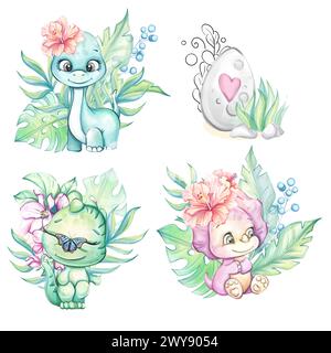 Set di acquerelli carino bambino dinosauro ragazzo e ragazza. Clip art per cartoni animati per vivaio, babyshower, arredamento, adesivi, stampe tessili con animali storici Foto Stock