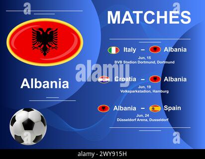 Calendario delle partite della nazionale albanese nella fase finale del Campionato europeo di calcio 2024. Immagine vettoriale. Illustrazione Vettoriale