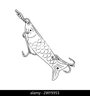 Attrezzatura da pesca per la figura del vettore MINNow. Alimento per richiamo delle spinte di caccia con mosca metallica. Disegno della linea dell'esca. Silhouette inchiostro. Attrezzo per pesca a cucchiaio nero Illustrazione Vettoriale