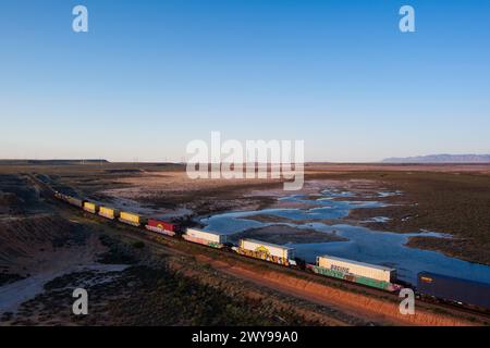 Vista aerea di un treno merci intermodale che attraversa un vasto paesaggio desertico al crepuscolo vicino a Port Augusta, Australia meridionale Foto Stock