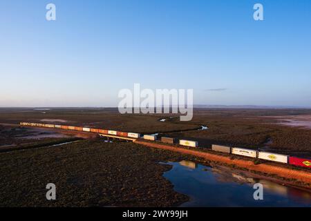 Vista aerea di un treno merci intermodale che attraversa un vasto paesaggio desertico al crepuscolo vicino a Port Augusta, Australia meridionale Foto Stock