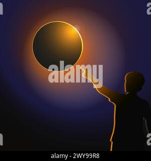 Un uomo punta il dito indice contro un'eclissi solare. Vista posteriore di una persona che guarda un'eclissi solare nel cielo da terra Illustrazione Vettoriale