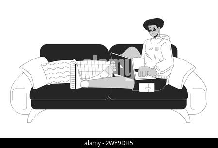 Uomo ispanico con laptop seduto sul divano personaggio dei cartoni animati 2D in bianco e nero Illustrazione Vettoriale