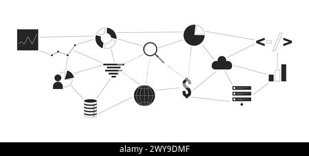 Gestione del database analitico oggetto cartoon 2D in bianco e nero Illustrazione Vettoriale