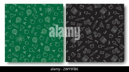 Set di poster vettoriali con pattern omogenei Back to School. Forniture scolastiche, articoli, materiali ed elementi in un modello infinito di doodle disegnato a mano per l'istruzione Illustrazione Vettoriale