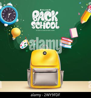Design vettoriale della borsa Back to School. Bentornato a scuola testo di saluto con zaino scolastico, sveglia, libri e matita elementi educativi Illustrazione Vettoriale