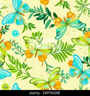 Motivo senza cuciture di eleganti bellissime farfalle tropicali e piante isolate sullo sfondo. Adorabili insetti volanti e foglie per motivi decorativi Illustrazione Vettoriale