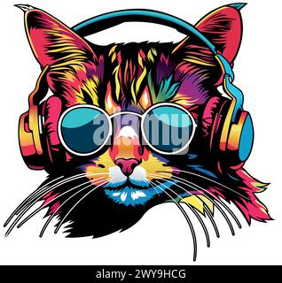 Ritratto di un gatto colorato con cuffie Illustrazione Vettoriale