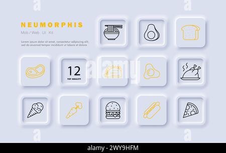 Icona del set di prelibatezze. Pane, shawarma, uova, uova fritte, gelato, carote, bistecche, hamburger, salsiccia nell'impasto, pollo alla griglia, pizza, spaghetti, foo di strada Illustrazione Vettoriale