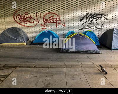 Parigi, Francia, gruppo migranti tenda Camp sotto l'autostrada Peripherique, su Street, (vicino a porte de Villette) la vergogna delle città immigrazione Foto Stock