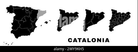 Mappa della Catalogna, comunità autonoma in Spagna. Divisione amministrativa spagnola, regioni, distretti e comuni. Illustrazione Vettoriale