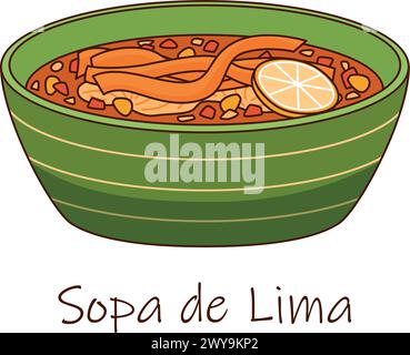 Illustrazione vettoriale della zuppa messicana Sopa de Lima, ciotola per zuppa Tortilla Illustrazione Vettoriale