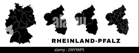 Mappa della Renania-Palatinato, stato tedesco. Divisione amministrativa della Germania, regioni e distretti, amt e comuni. Illustrazione Vettoriale