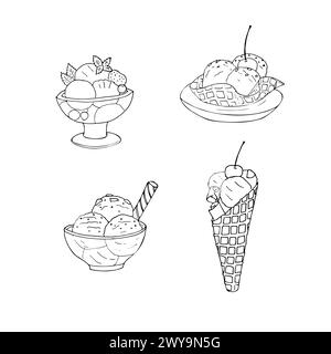 Set di gelato lavorato a mano servito in tazza di vetro, cono per waffle e piatto. Illustrazione in stile doodle da dessert. Illustrazione Vettoriale