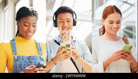 Felice, comunicazione e persone con telefono per social media, Internet o streaming tecnologico. Sorriso, globale e diversità di amici che leggono notizie su Foto Stock