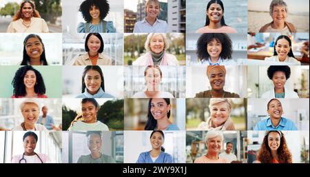 Diversità donne e ragazze con felicità sul collage, sorridenti e volti nel gruppo internazionale. Montaggio, età ed etnia diverse per l'inclusione Foto Stock