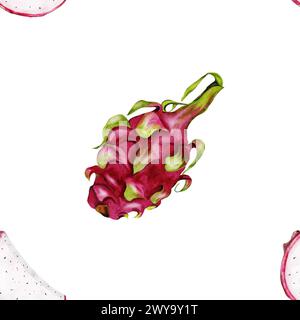 Acquerello Dragon Fruit con motivo senza cuciture. Metà di pitahaya esotica su sfondo bianco. Per la carta da imballaggio di un negozio di verdure fresche e per Foto Stock