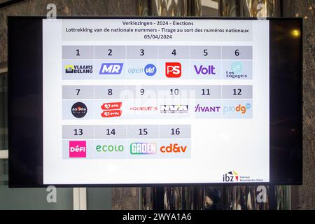 Immagine illustrata scattata durante il disegno dei numeri di lista per le prossime elezioni in Belgio, venerdì 05 aprile 2024 a Bruxelles. Il prossimo 9 giugno il Belgio voterà a favore dei parlamenti europei, federali e regionali. BELGA FOTO HATIM KAGHAT Foto Stock