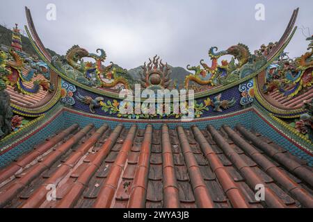 Vista che mostra il tetto del tempio Chuen Ji Hall decorato con draghi Foto Stock