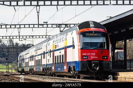 Eine Zürcher S-Bahn der Linie S24 (S-Bahn 24) vom Typ FFS Rabe 514 steht im Bahnhof Bassersdorf im Zürcher Unterland ein. (Bassersdorf, Schweiz, 04,02 Foto Stock