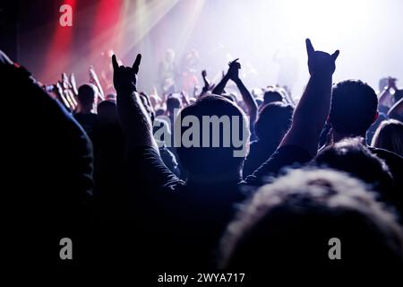 Concerto dal vivo, dove figure sagomate si immergono nell'euforia della musica, con le mani alzate all'unisono. Foto Stock