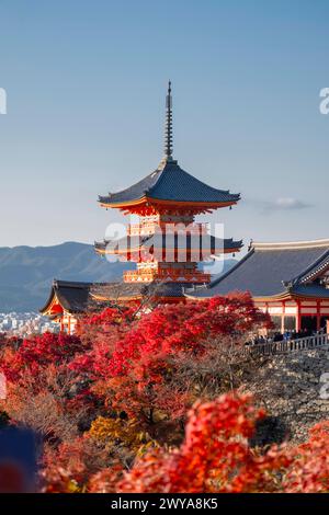 Tempio buddista Kiyomizu-dera e Pagoda a tre piani Sanjunoto con colori autunnali, Kyoto, sito patrimonio dell'umanità dell'UNESCO, Honshu, Giappone, Asia Copyright: FR Foto Stock