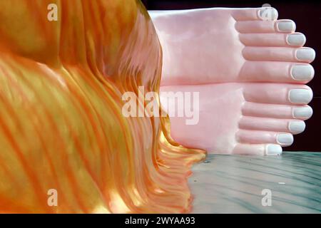 Primo piano di piedi della gigantesca statua dorata del Buddha sdraiato, pagoda buddista Phuoc Hue, Tan Chau, Vietnam, Indocina, Sud-est asiatico, Asia Copyright: g Foto Stock