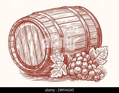 Vecchio botte di legno e uva matura con foglie. Botte di rovere di vino da bere alcolico. Illustrazione del vettore di schizzo Illustrazione Vettoriale