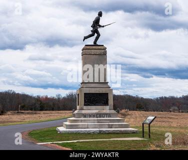 Il monumento del 1st Minnesota Infantry Regiment su Hancock Avenue nel Gettysburg National Military Park Foto Stock