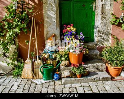 Una lattina da irrigazione verde, uno gnomo da giardino, scope e vasi con piante sui gradini di fronte a una porta d'ingresso verde. Foto Stock