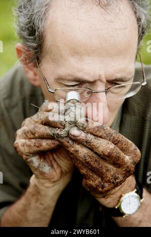 Osservazione dei macrofossili, campionamento della torba, ricerca sui cambiamenti climatici, Neiker-Tecnalia, unità ambiente, Belate, Navarra, Spagna. Foto Stock