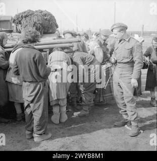 I detenuti del campo di concentramento di Bergen-Belsen si arrampicano per ottenere acqua potabile fresca durante la liberazione nell'aprile 1945. Foto Stock
