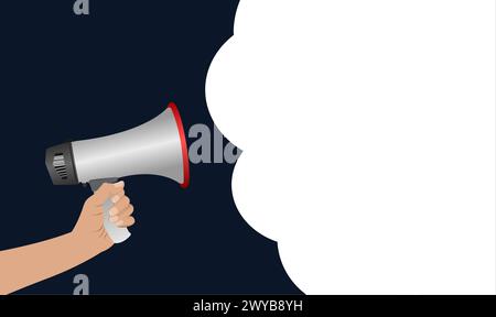 Ragazza che tiene a mano il megafono con una bolla bianca sul poster del banner con sfondo blu. Per la giornata internazionale delle donne e la pubblicità. Per esclusiva Illustrazione Vettoriale
