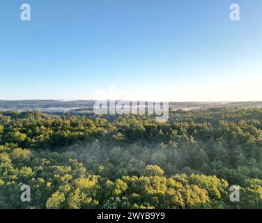 vista aerea delle lontane montagne nebbiose di catskills all'alba (ora d'oro, tramonto) con nebbia tra gli alberi in una giornata limpida con cielo blu Foto Stock