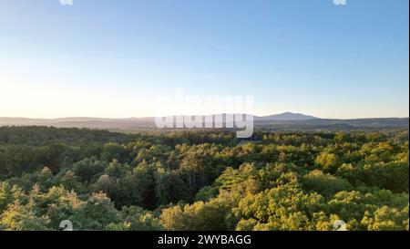 vista aerea delle lontane montagne nebbiose di catskills all'alba (ora d'oro, tramonto) con nebbia tra gli alberi in una giornata limpida con cielo blu Foto Stock