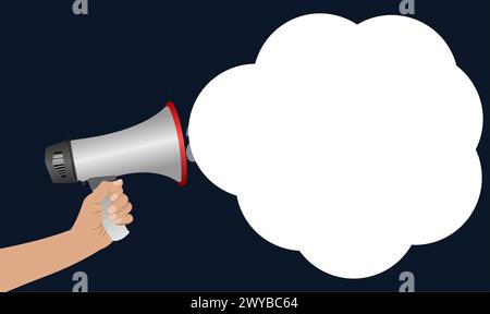 Mano della ragazza che tiene in mano il megafono con bolla vocale su sfondo blu. Per la giornata internazionale delle donne e la pubblicità. Per un disco esclusivo Illustrazione Vettoriale