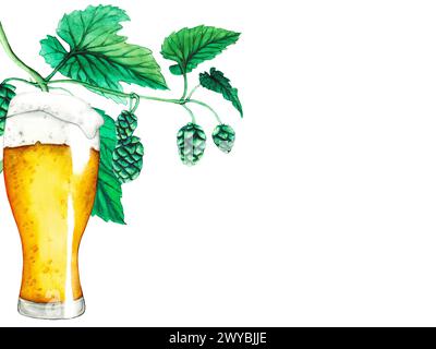 Bicchiere di birra fresca con tappo di schiuma e foglie verdi fresche saltate isolate su sfondo bianco. Illustrazione ad acquerello disegnata a mano per Octoberfest. Salta Foto Stock