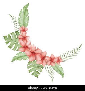 Cornice per acquerelli Hibiscus. Fiore rosso con foglie di palma tropicale. Corona floreale disegnata a mano su sfondo isolato. Bordo rotondo con bouquet di piante estive esotiche. Illustrazione botanica. Foto Stock