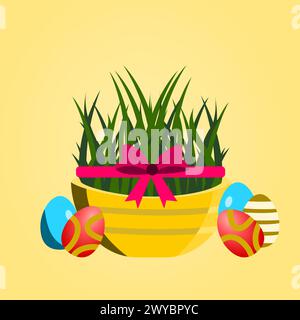 Nowruz in Iran festeggiano la bandiera quadrata. Illustrazione di un secchio di erba e di uova dipinte. Nowruz, buon giorno di Nowruz, 21 marzo, Capodanno persiano Illustrazione Vettoriale