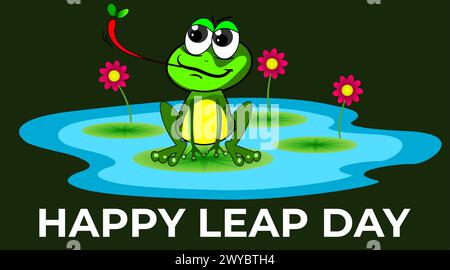 Buon giorno del salto una rana sul tappetino in un laghetto tranquillo. Leap Day 29 febbraio 2024 illustrazione vettoriale Happy LEAP Day. Anno bisestile, ventinove, 2024, 29 Illustrazione Vettoriale