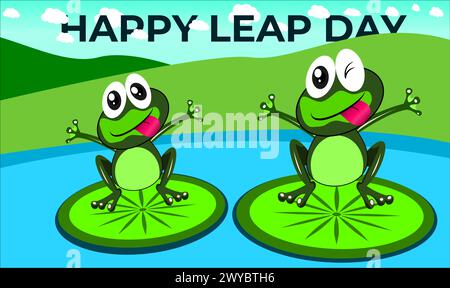 Felice giorno del salto due rane sul giglio in un laghetto calmo godendosi. lol Expression of Both, LEAP Day, 29 febbraio 2024, 366, extra day. Illustrazione Vettoriale