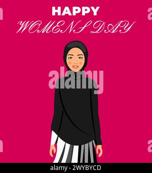 Happy Women's Day una ragazza musulmana con testo Happy Women's Day isolato su sfondo rosa. Happy Women Day , giornata internazionale della donna. iwd2024, poster, ciao Illustrazione Vettoriale