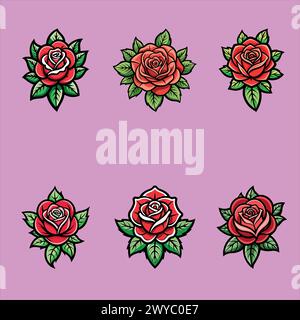 Bella collezione di rose per tatuaggi della vecchia scuola. Rose per tatuaggi della vecchia scuola. Raccolta di elementi vettoriali. I tradizionali fiori americani per tatuaggi. Illustrazione Vettoriale