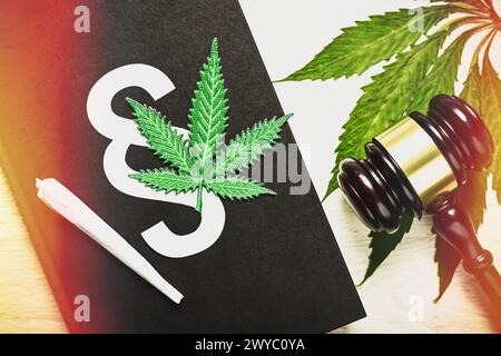 Cannabis-Blatt und Joint auf einem Gesetzbuch mit Richterhammer, Cannabis-Legalisierung und Cannabisgesetz **** foglie di Cannabis e giunto su un libro di legge con i giudici martelletto, legalizzazione della cannabis e legge sulla cannabis Foto Stock