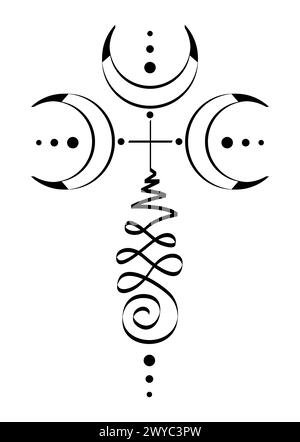 Simbolo della luna crescente di Unalome, triplo segno della dea che rappresenta il percorso verso l'illuminazione. Icona nera degli Yantra disegnati a mano. Disegno a inchiostro per tatuaggi, logo vettoriale Illustrazione Vettoriale