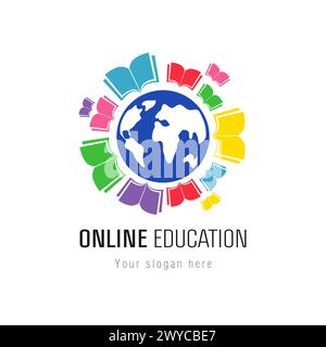 Logo educativo carino. Blue Earth e una serie di libri colorati. Icona rotonda. Concetto di logotipo scolastico globale. Icona creativa per il settore Education online. Segno astratto Illustrazione Vettoriale