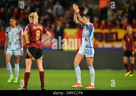 Lovanio, Belgio. 5 aprile 2024. La spagnola Jennifer Jenni Hermoso festeggia dopo aver segnato durante una partita di calcio tra la nazionale belga femminile, i Red Flames e la Spagna, venerdì 05 aprile 2024 a Heverlee, Lovanio, partita 1/6 delle qualifiche dei Campionati europei 2025. BELGA PHOTO DAVID CATRY credito: Belga News Agency/Alamy Live News Foto Stock