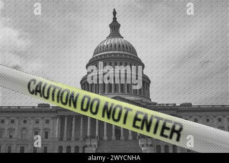 Il Campidoglio degli Stati Uniti con una polizia parzialmente saturata, nastro di attenzione in primo piano Foto Stock